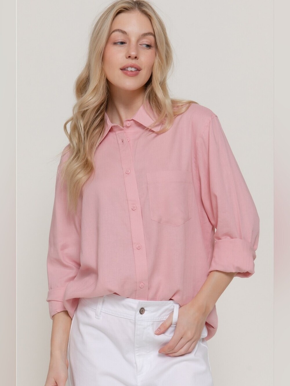 Active USA Long Sleeve Pink Linen Blend Button Front Collared Shirt
